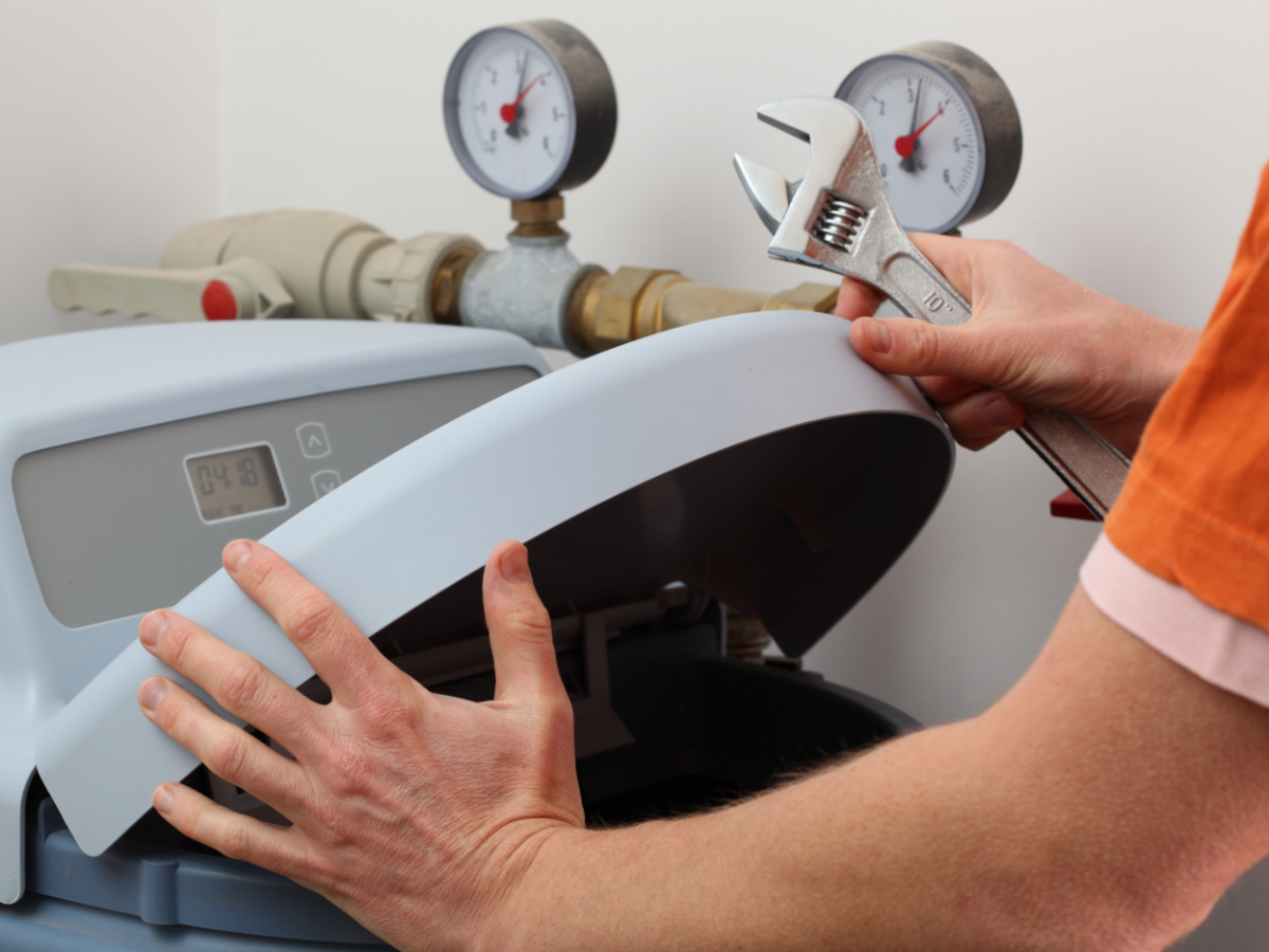 Plumber fixing faulty water softener